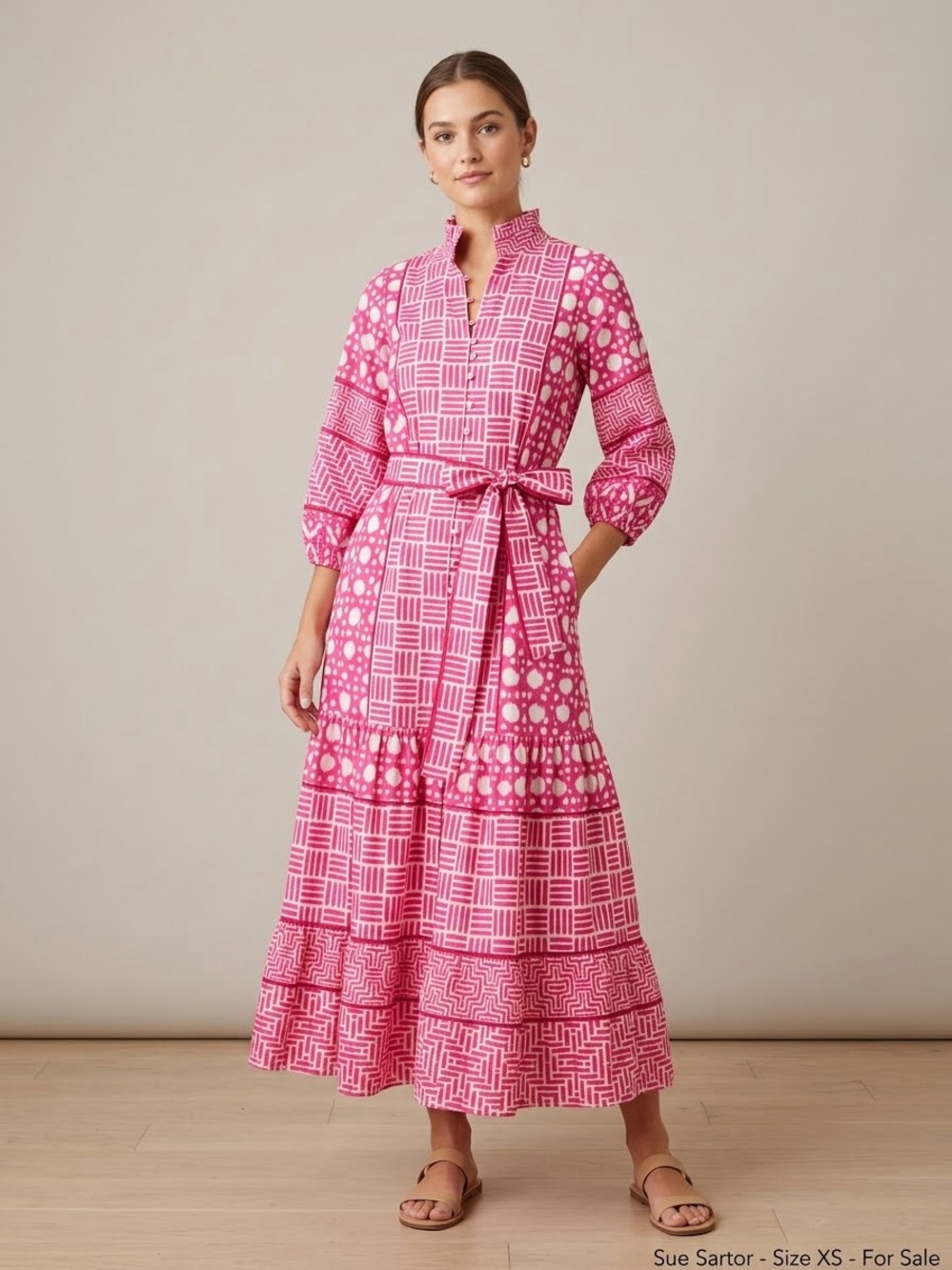 Sue Sartor Xs Pink Patterned Maxi Dress with Tie Belt
